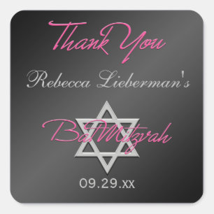 Adesivo Quadrado Preto, Prateado, Rosa 1,5" Quadrado. Bat Mitzvah S