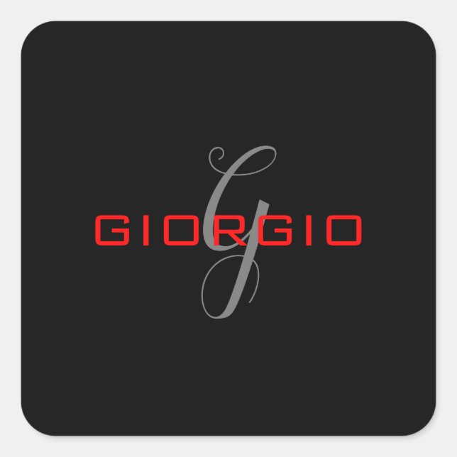 Adesivo Quadrado Preto Vermelho Seu Nome Monograma Inicial Moderno (Frente)