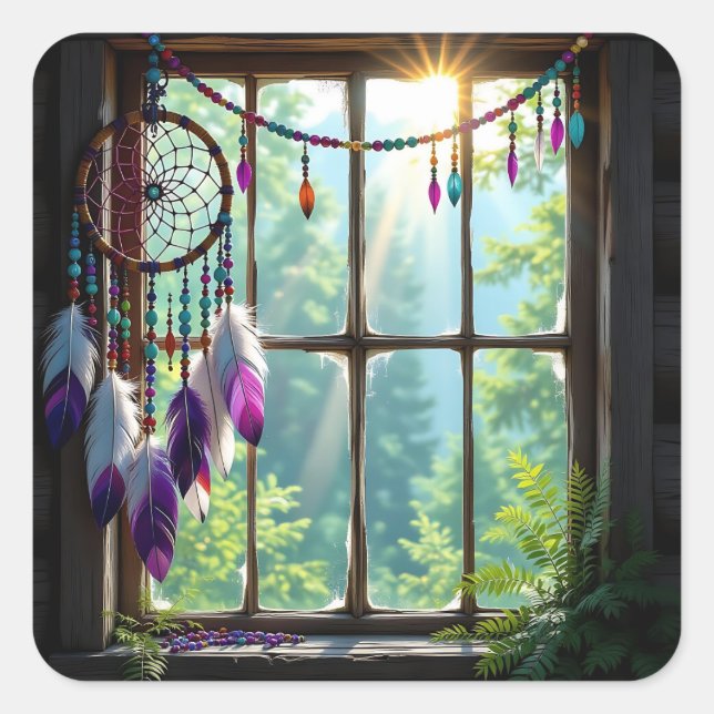 Adesivo Quadrado Pretty Boho Purple Dreamcatcher in Window   (Frente)