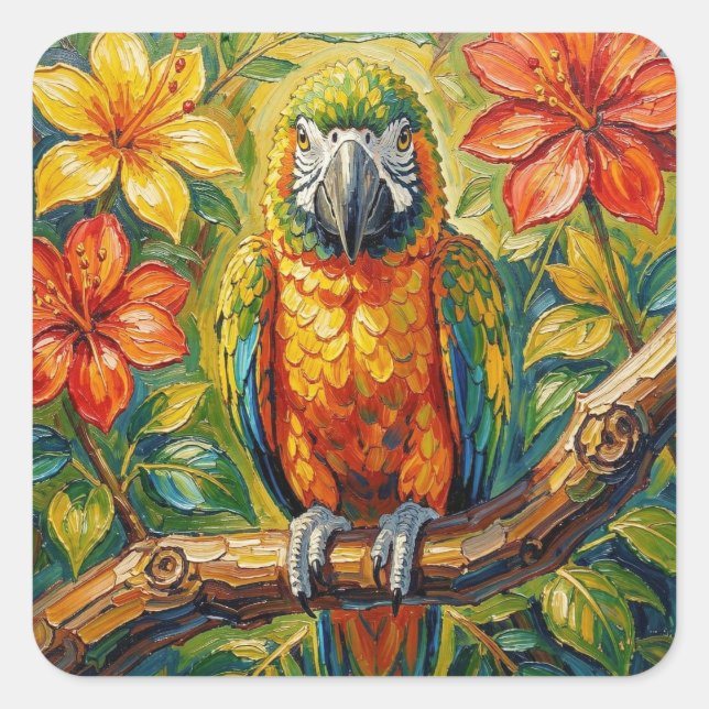 Adesivo Quadrado Pretty Colorful Impasto Parrot and Tropical Flower (Frente)