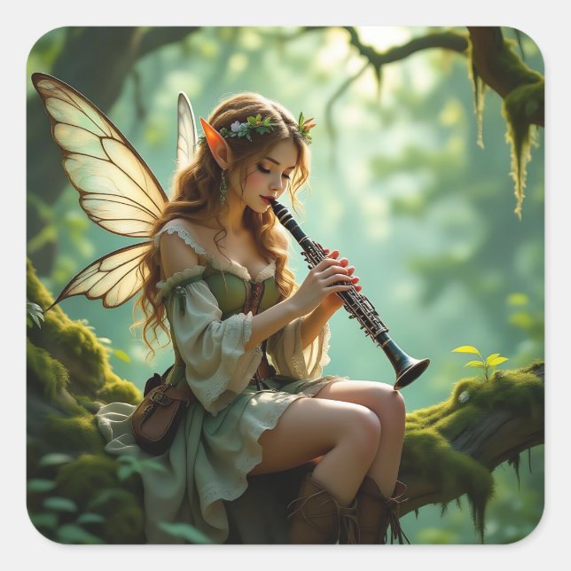 Adesivo Quadrado Pretty Elven Fairy Playing Clarinet (Frente)