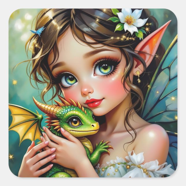 Adesivo Quadrado Pretty  Fairy and Dragon Themed Girl's   (Frente)