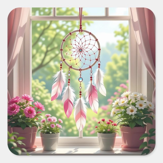 Adesivo Quadrado Pretty Pink Dreamcatcher and Plants Window Sill (Frente)