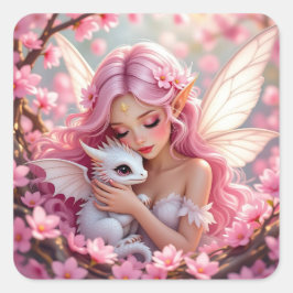 Adesivo Quadrado Pretty Pink Elven Fairy & Dragon 