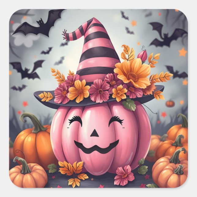 Adesivo Quadrado Pretty Pink Halloween Pumpkin Jack-o-lantern (Frente)