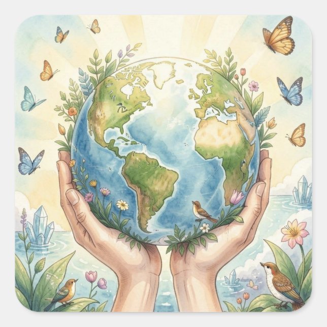 Adesivo Quadrado Pretty Watercolor Earth, Butterflies and Birds (Frente)