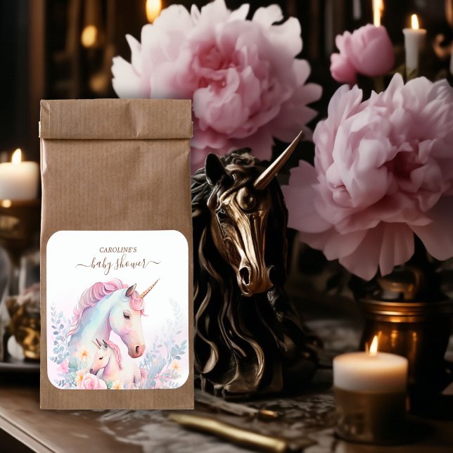 Adesivo Quadrado Primavera Chá de fraldas Unicorn (Spring Unicorn Watercolor Baby Shower Square Sticker)
