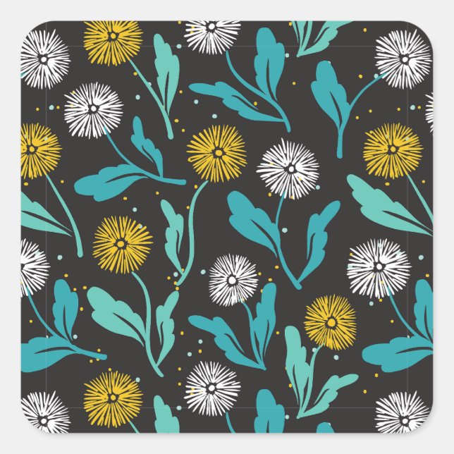 Adesivo Quadrado Primavera Dandelion Flores e Folhas Design (Frente)