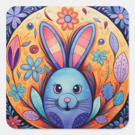 Adesivo Quadrado Primavera Floral de coelho da Páscoa bonito
