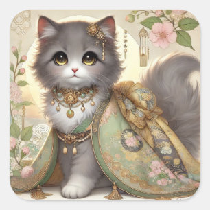 Adesivo Quadrado Primavera Green Kimono Princess Cat