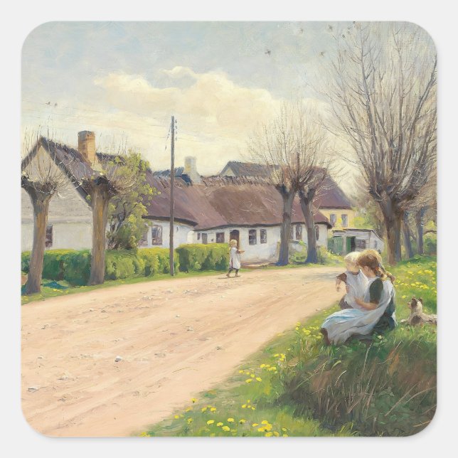 Adesivo Quadrado Primavera na vila com garotas na estrada (Frente)