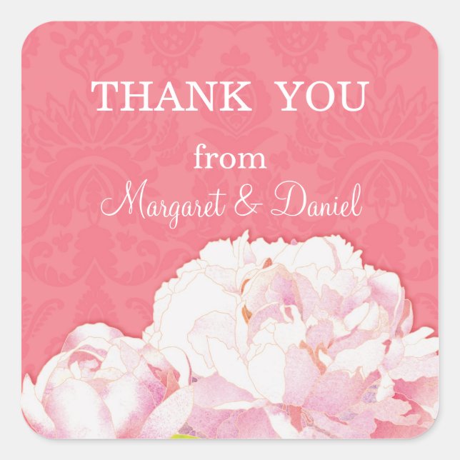 Adesivo Quadrado Primavera Peony Wedding Obrigado Favor (Frente)