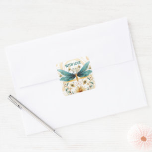 Adesivo Quadrado Primavera Themed Whimsical Blue e Dragonfly Dourad