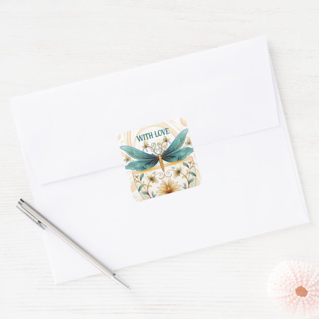 Adesivo Quadrado Primavera Themed Whimsical Blue e Dragonfly Dourad (Envelope)