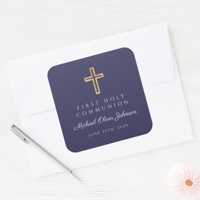 Adesivo Quadrado Primeira Comunhão de Cristo Religioso marinho Azul (Envelope)