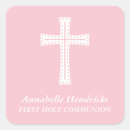 Adesivo Quadrado Primeira Comunhão de Raparigas Cruzadas Rosa