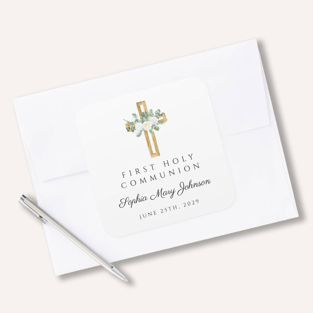 Adesivo Quadrado Primeira Comunhão do Floral Branco Elegante (Elegant White Floral First Communion Square Sticker)