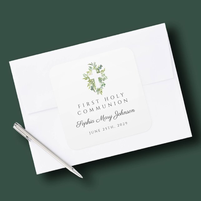 Adesivo Quadrado Primeira Comunicação da Cruz Botânica Verde Elegan (Elegant Green Botanical Cross First Communion Square Sticker)