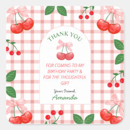 Adesivo Quadrado Primeira Festa de aniversário de Cherry Fruta