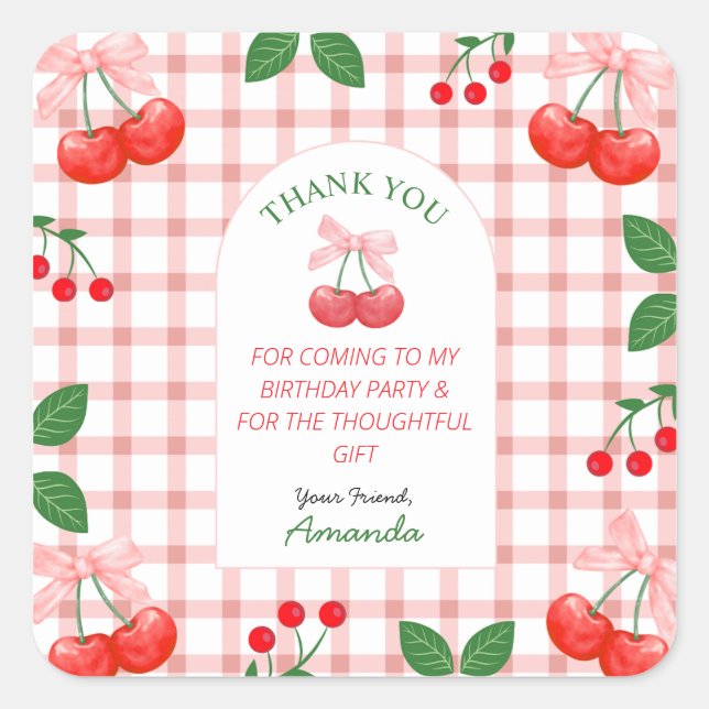 Adesivo Quadrado Primeira Festa de aniversário de Cherry Fruta (Frente)