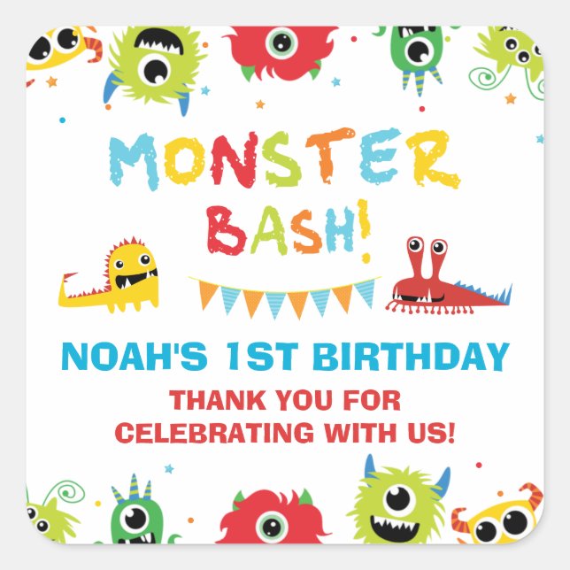 Adesivo Quadrado Primeiro aniversario Bonito De Monstros Obrigado A (Frente)