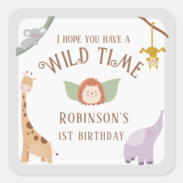 Adesivo Quadrado Primeiro aniversario de Animais Safari Selvagem Mo (Frente)