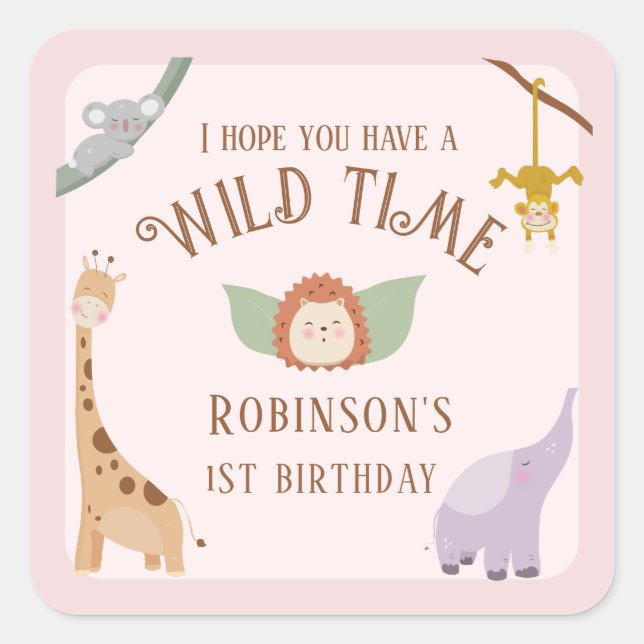 Adesivo Quadrado Primeiro aniversario de Animais Safari Selvagem Mo (Frente)