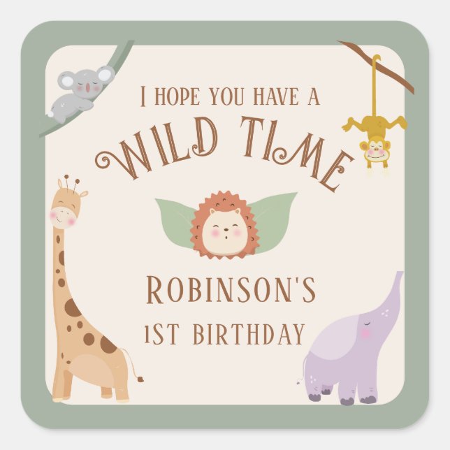 Adesivo Quadrado Primeiro aniversario de Animais Safari Selvagem Mo (Frente)