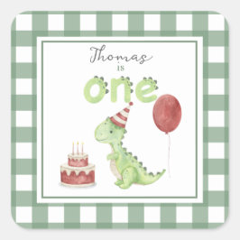 Adesivo Quadrado Primeiro aniversario de Dinossauro de Aquarela