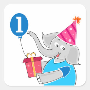 Adesivo Quadrado Primeiro Aniversário de Elefante com Balão