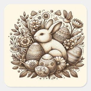 Adesivo Quadrado Primeiro aniversario de Flores e Ovos da Páscoa Vi