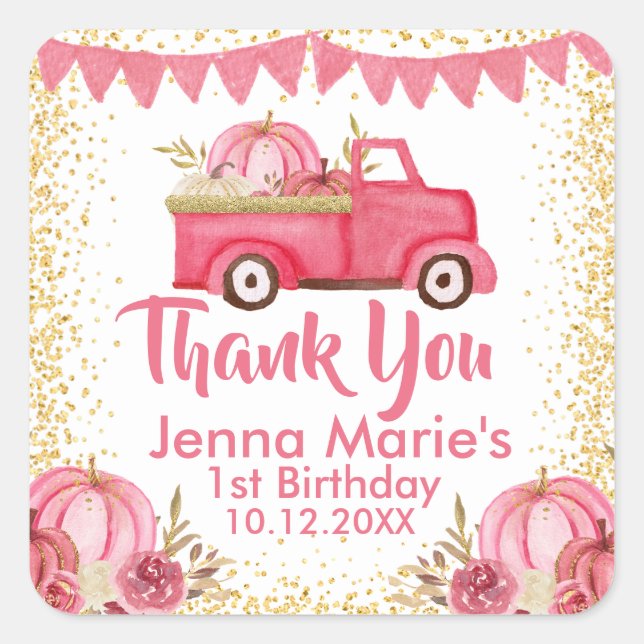 Adesivo Quadrado Primeiro aniversario DE PUMPKIN DO CAMINHÃO DE PIN (Frente)