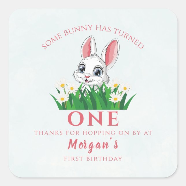 Adesivo Quadrado Primeiro aniversario De Raparigas Coelhinhas Um Co (Frente)