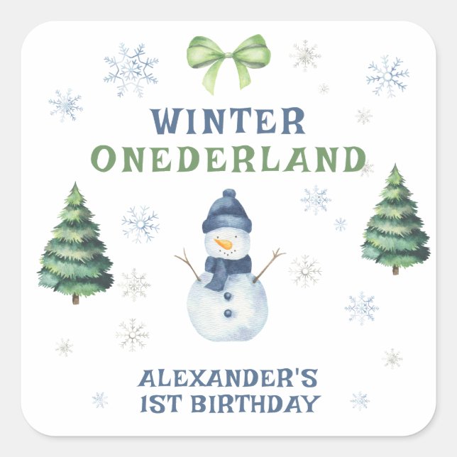 Adesivo Quadrado Primeiro aniversario de Winter Onederland Snowman (Frente)