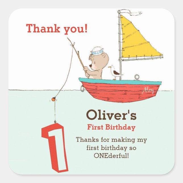 Adesivo Quadrado Primeiro aniversário do pequeno marinheiro náutico (Frente)