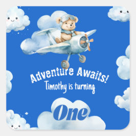 Adesivo Quadrado Primeiro Aniversário do Urso de Teddy a Traçar um 