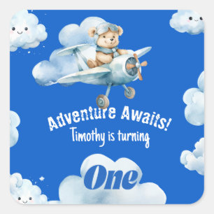 Adesivo Quadrado Primeiro Aniversário do Urso de Teddy a Traçar um