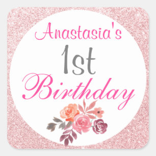 Adesivo Quadrado primeiro aniversario Dourado Brilhante Rosa Rosa C