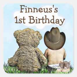 Adesivo Quadrado Primeiro Aniversário Personalizado Cowboy e Urso d