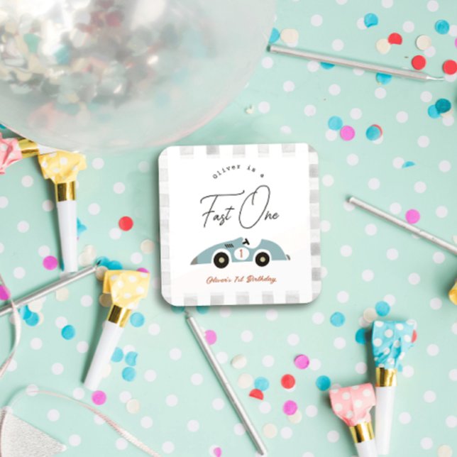 Adesivo Quadrado Primeiro aniversario Rápido de Um Carro Azul (Criador carregado)