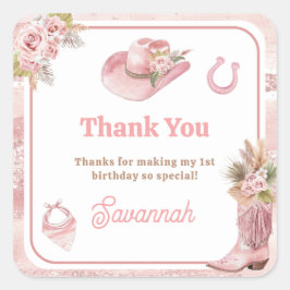Adesivo Quadrado Primeiro aniversario Rosa Boho Primeiro Rodeio