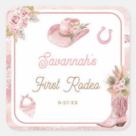 Adesivo Quadrado Primeiro aniversario Rosa Boho Primeiro Rodeio