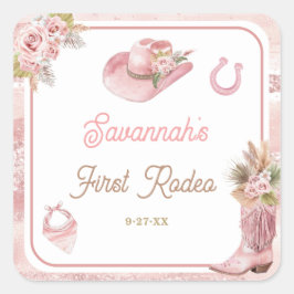 Adesivo Quadrado Primeiro aniversario Rosa Boho Primeiro Rodeio