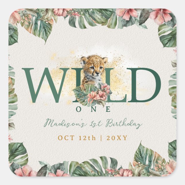 Adesivo Quadrado Primeiro aniversario Selvagem de Um Animal Guepard (Frente)