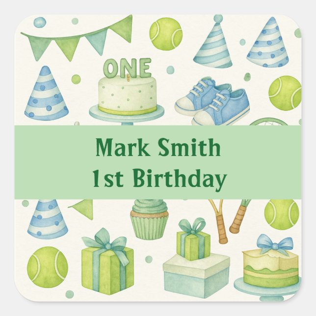 Adesivo Quadrado primeiro aniversario tênis para os temas azul e ve (Frente)