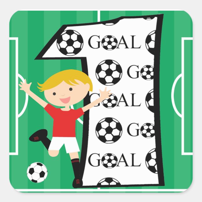Adesivo Quadrado primeiro aniversario Vermelho e Futebol Branco (Frente)