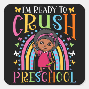 Adesivo Quadrado Primeiro Dia Da Pré-Escola Menina Negra De Volta À
