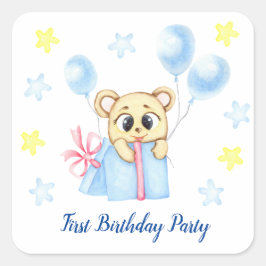 Adesivo Quadrado Primeiro Festa de Criança de Aniversário positivo