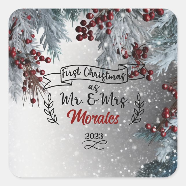 Adesivo Quadrado Primeiro Natal como Sr. & Sra. (Frente)