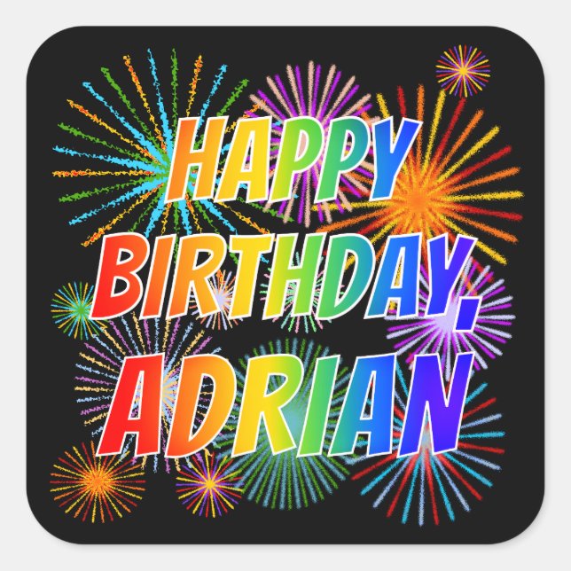 Adesivo Quadrado Primeiro nome "ADRIAN", Diversão "FELIZ ANIVERSÁRI (Frente)